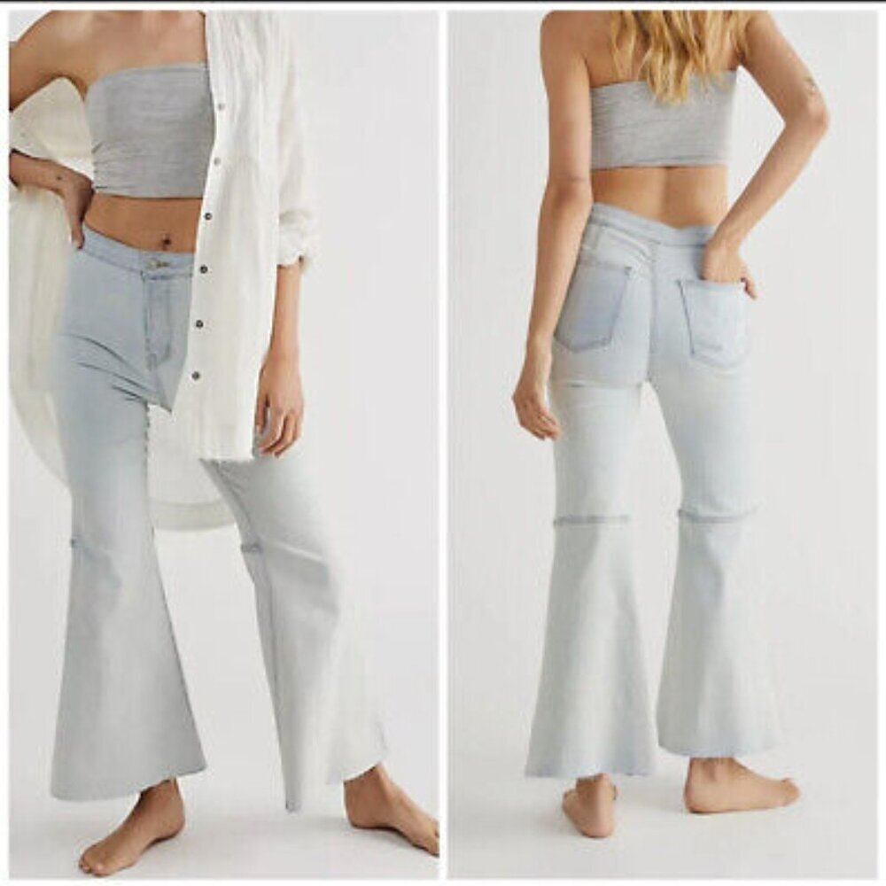 Free People We The Free Women Jeans Sz 30 Light Wash Youthquake Crop Wide‎ Flare